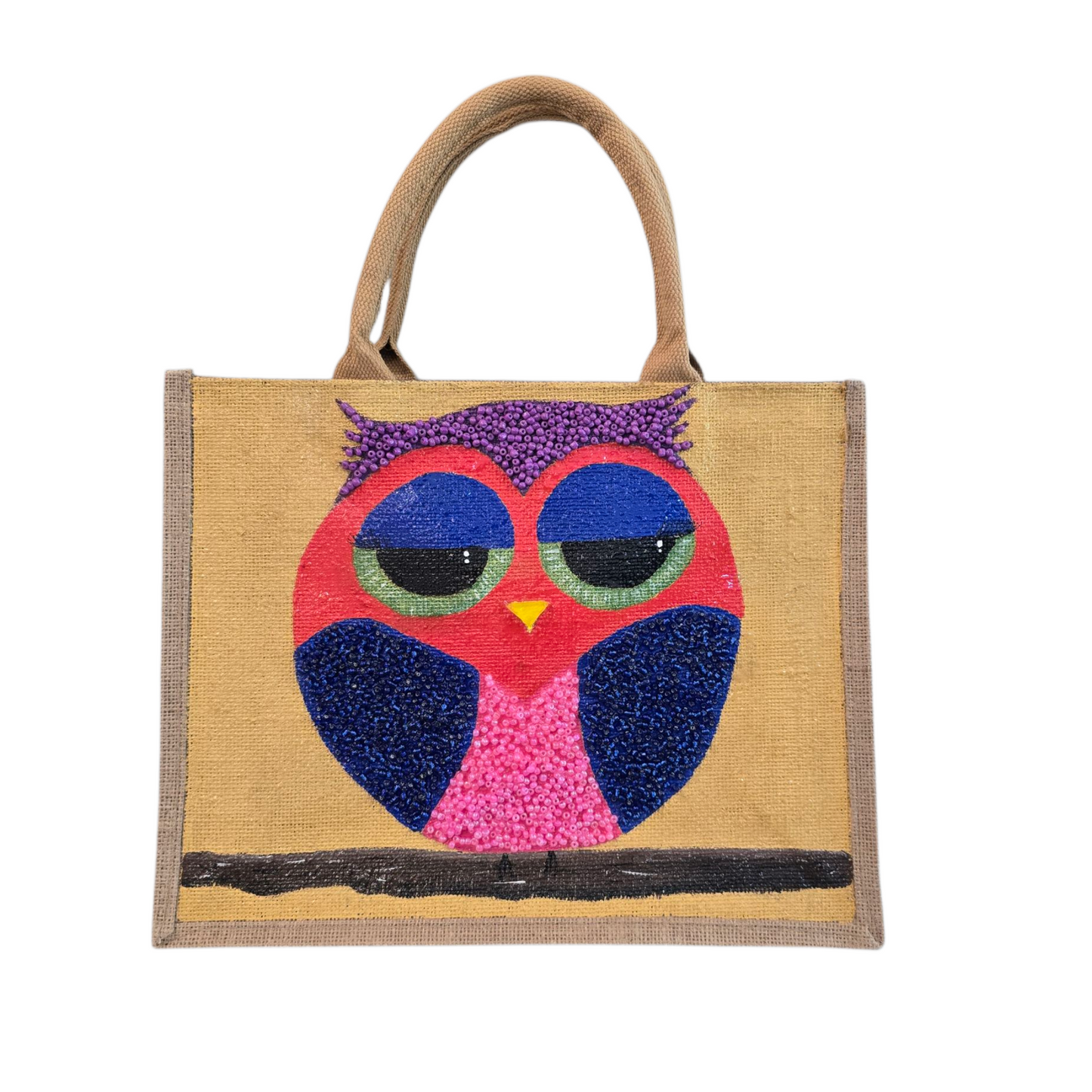 abstract owl tote bag, yellow owl tote, hand painted beaded owl jute bag, eco-friendly owl market bag