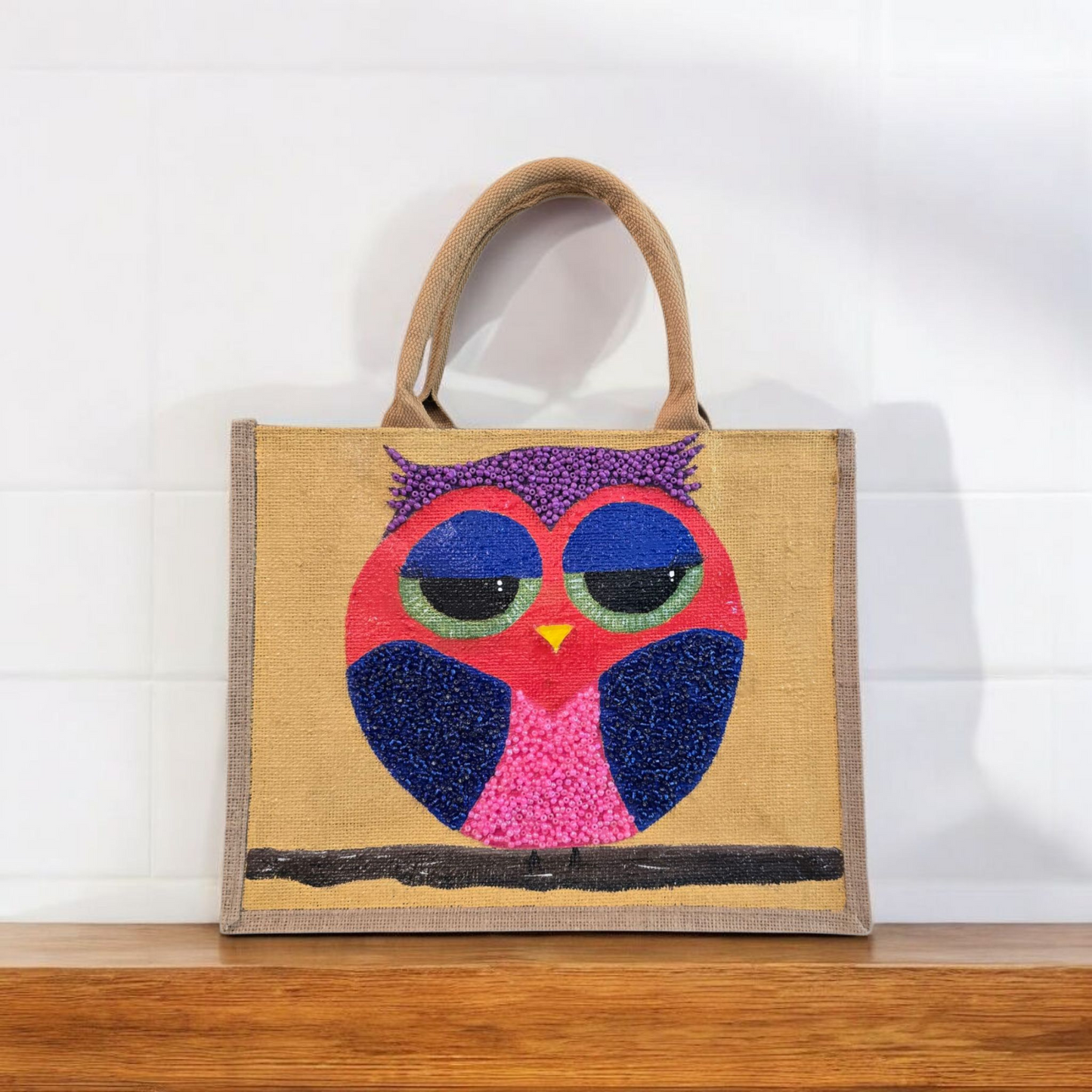 abstract owl tote bag, yellow owl tote, hand painted beaded owl jute bag, eco-friendly owl market bag