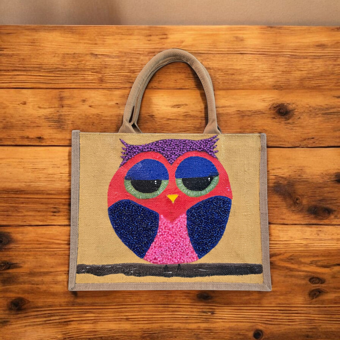 abstract owl tote bag, yellow owl tote, hand painted beaded owl jute bag, eco-friendly owl market bag