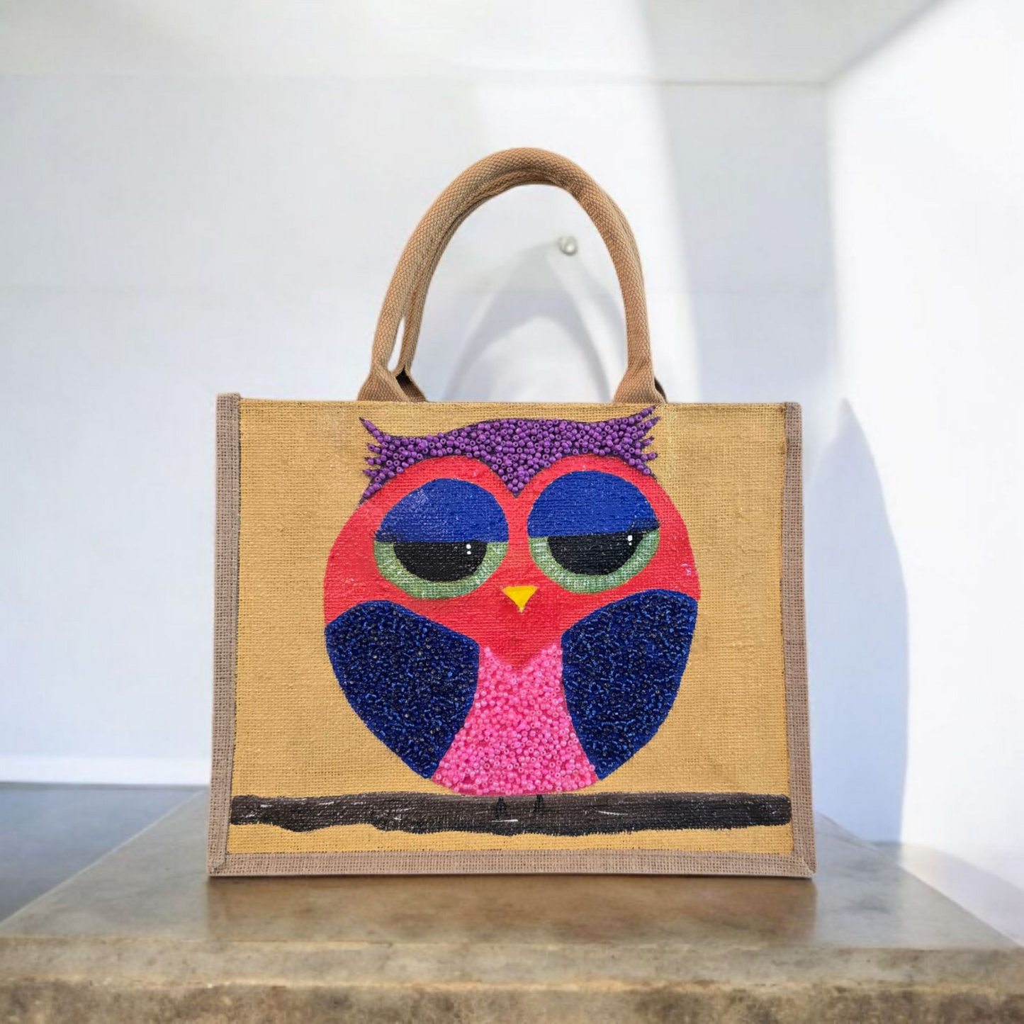 abstract owl tote bag, yellow owl tote, hand painted beaded owl jute bag, eco-friendly owl market bagharm, Unique-Artistic-Design