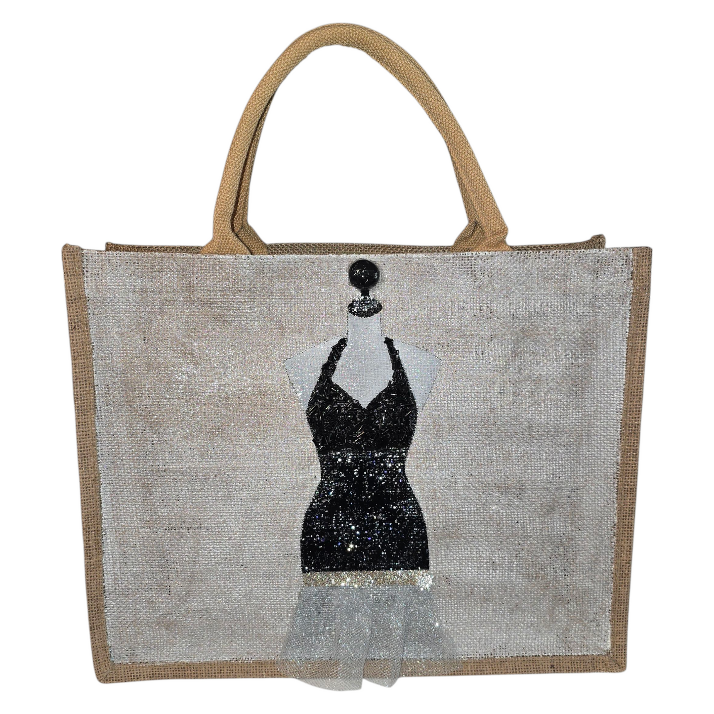Little Black Dress Hand Painted and Embellished Jute Tote Bag