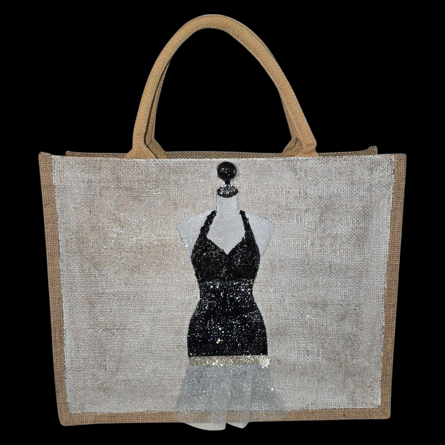 Little Black Dress Hand Painted and Embellished Jute Tote Bag