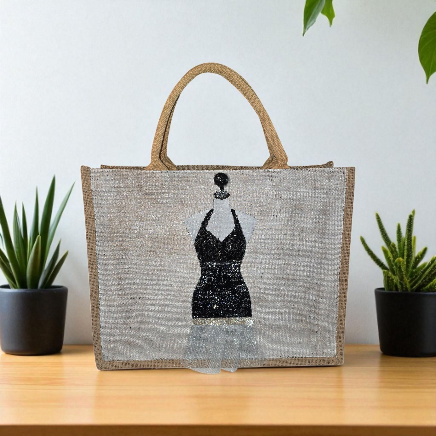 Little Black Dress Hand Painted and Embellished Jute Tote Bag