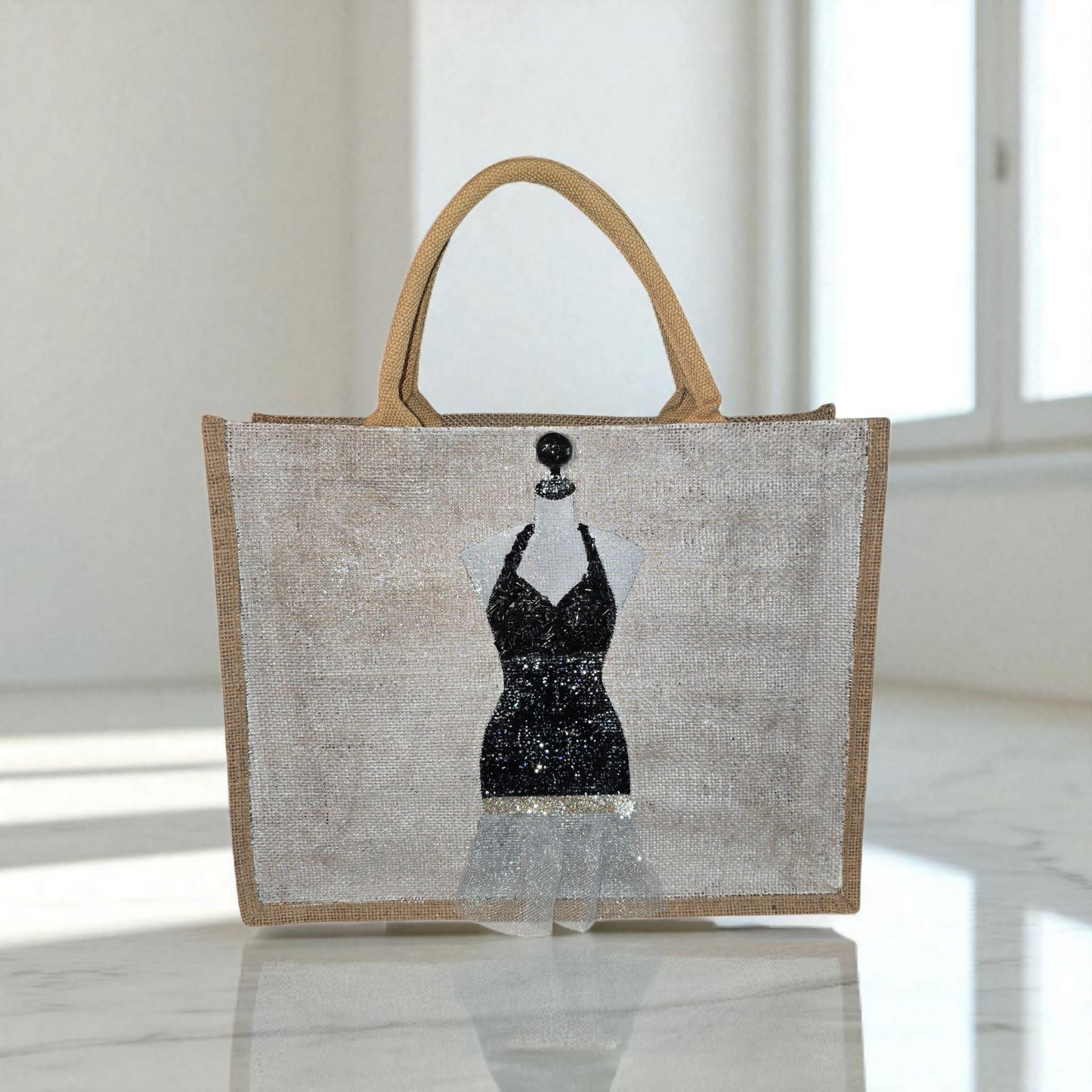 Little Black Dress Hand Painted and Embellished Jute Tote Bag
