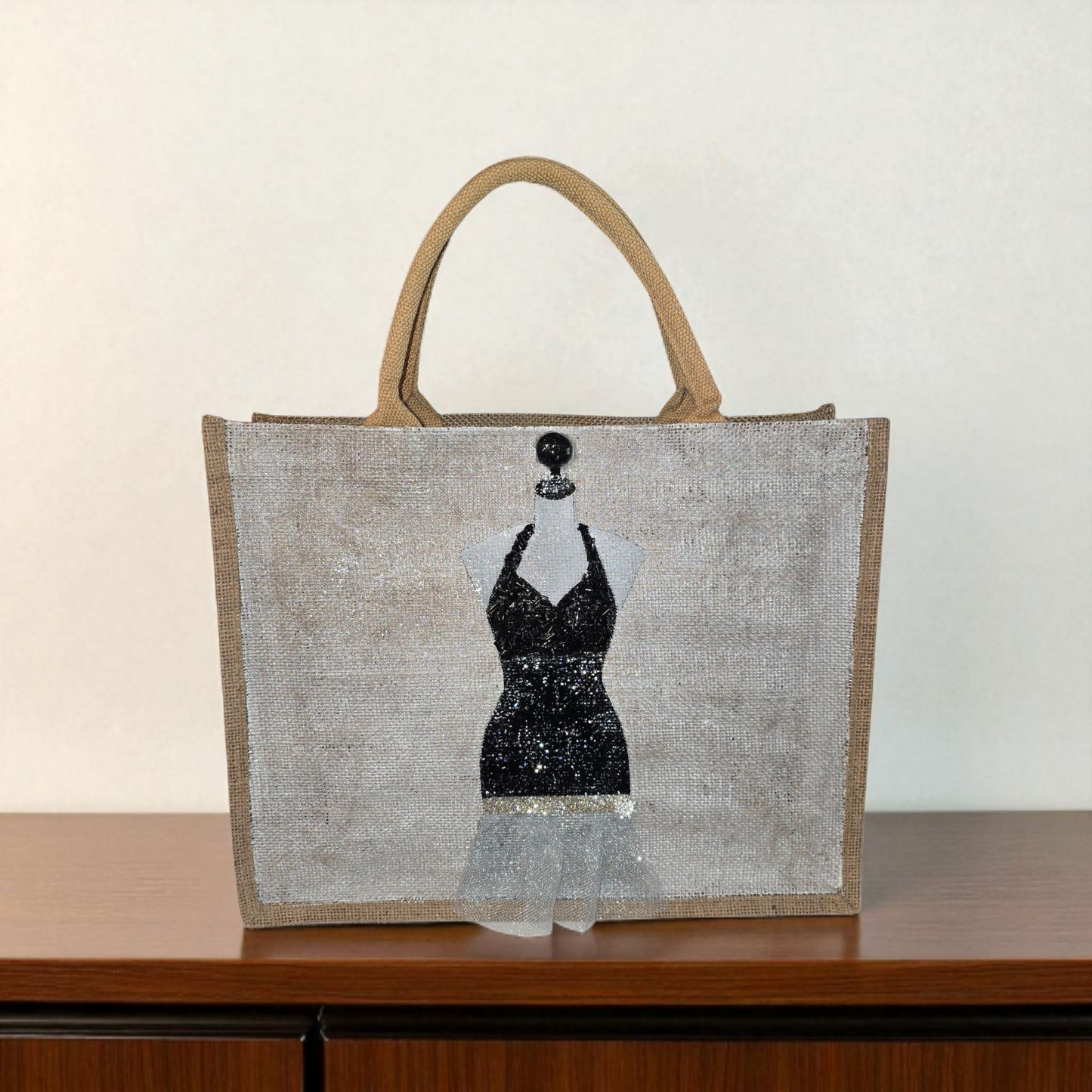 Little Black Dress Hand Painted and Embellished Jute Tote Bag