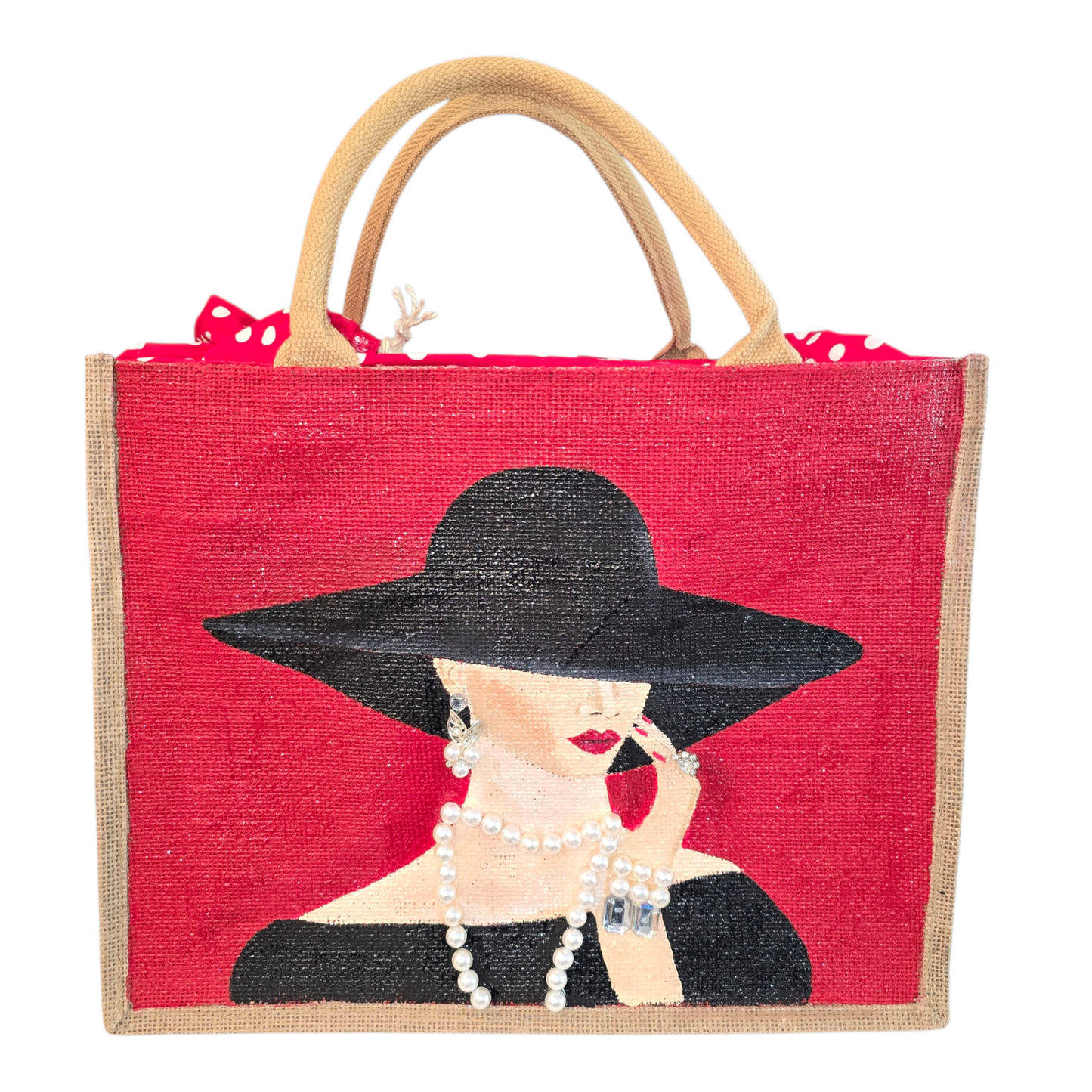 Elegant Lady in Black Hat Hand-Painted Jute Tote – Pearl Embellished Red Background – Chic Fashionista Bag