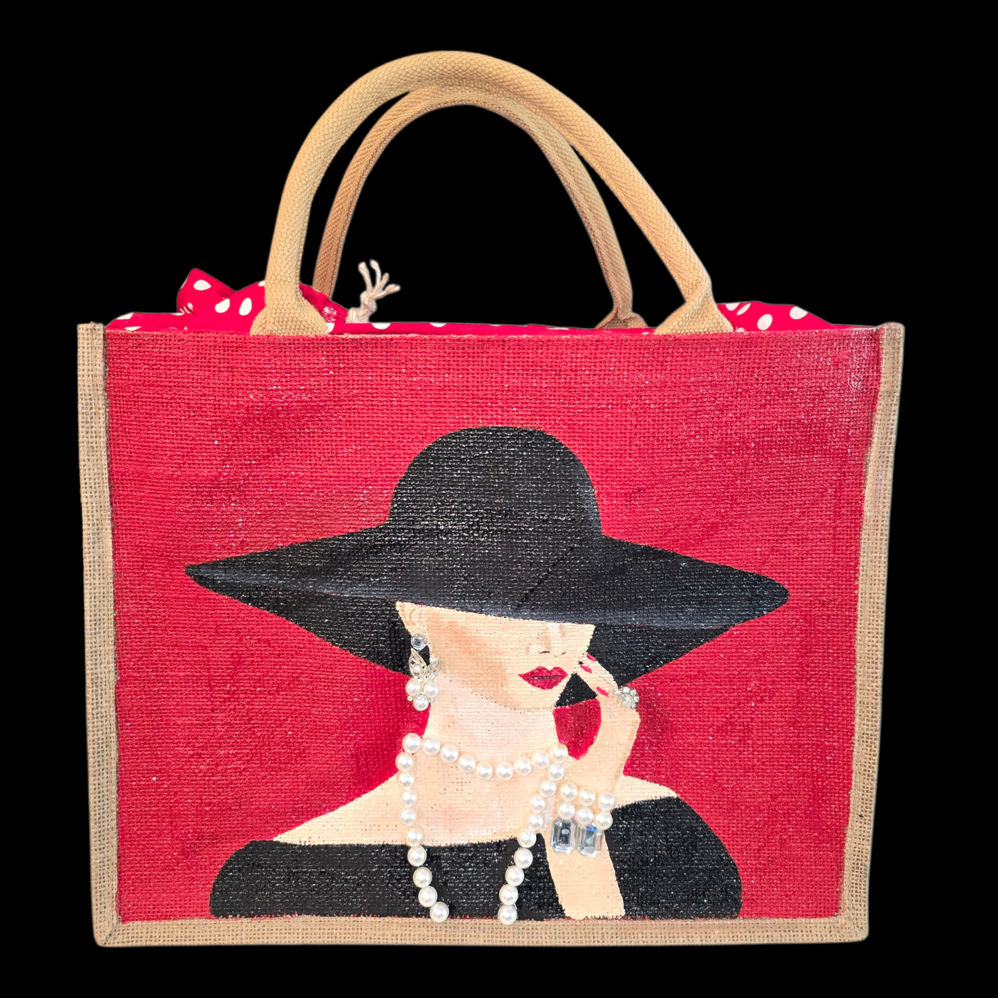 Elegant Lady in Black Hat Hand-Painted Jute Tote – Pearl Embellished Red Background – Chic Fashionista Bag