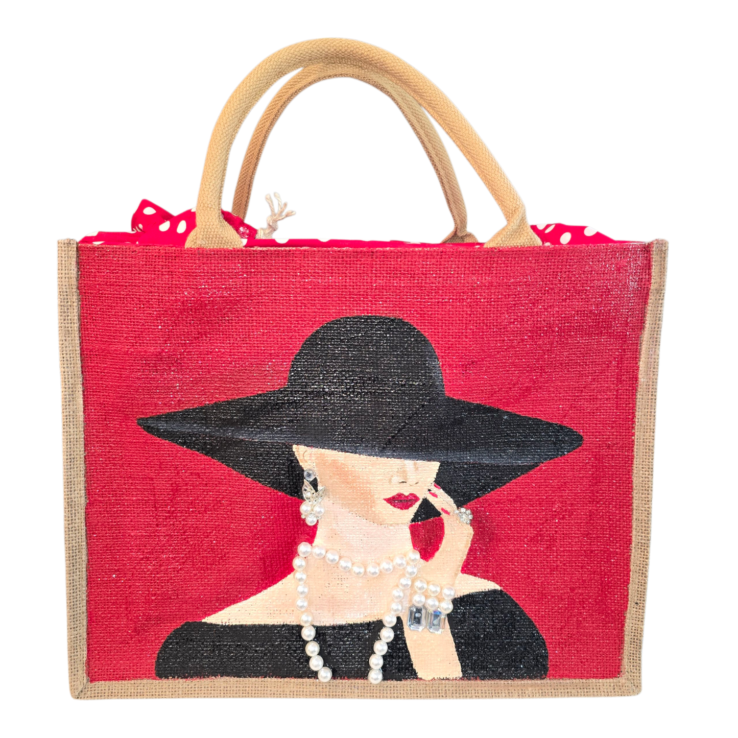 Elegant Lady in Black Hat Hand-Painted Jute Tote – Pearl Embellished Red Background – Chic Fashionista Bag