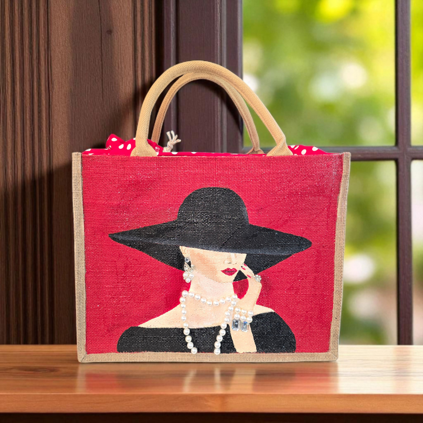 Elegant Lady in Black Hat Hand-Painted Jute Tote – Pearl Embellished Red Background – Chic Fashionista Bag