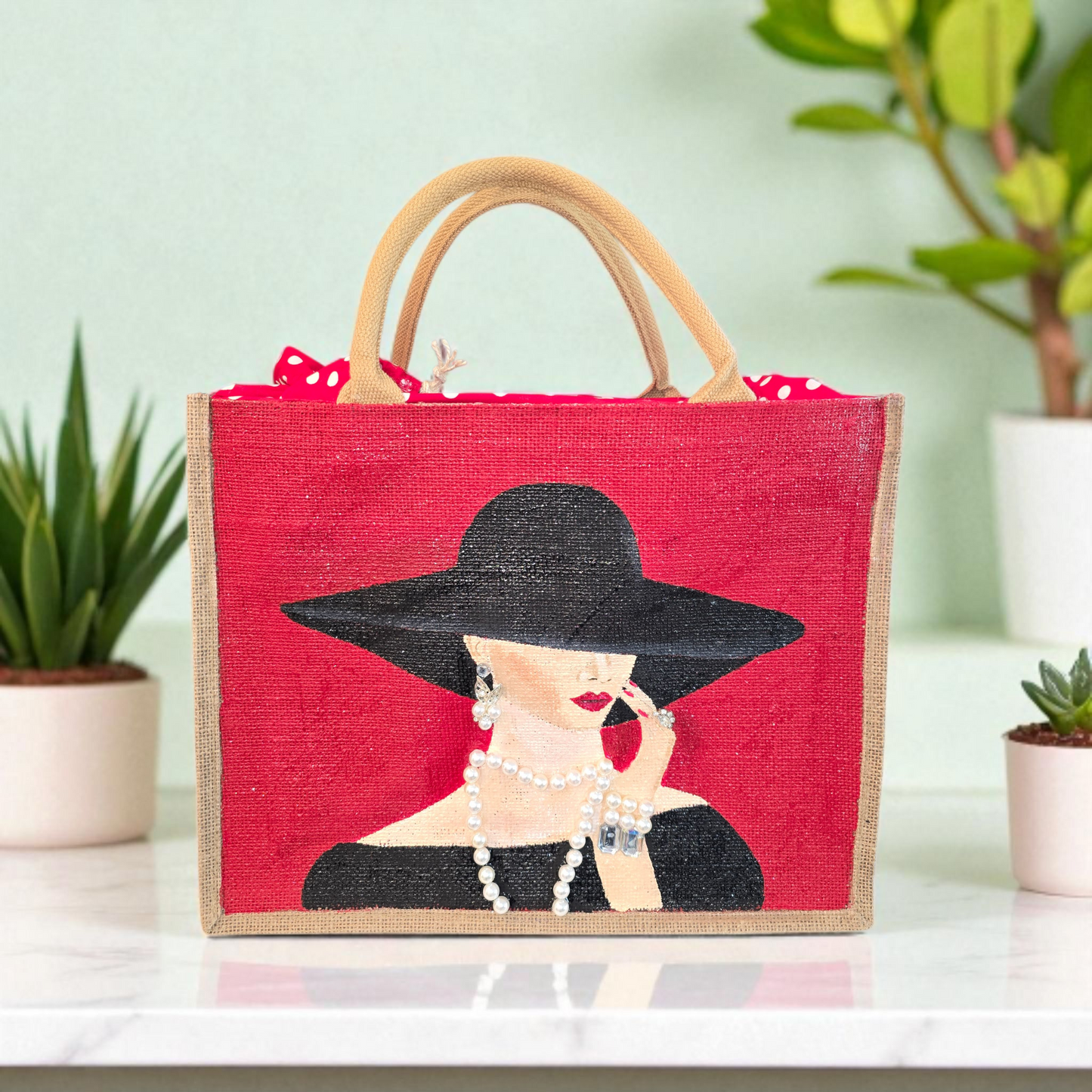 Elegant Lady in Black Hat Hand-Painted Jute Tote – Pearl Embellished Red Background – Chic Fashionista Bag