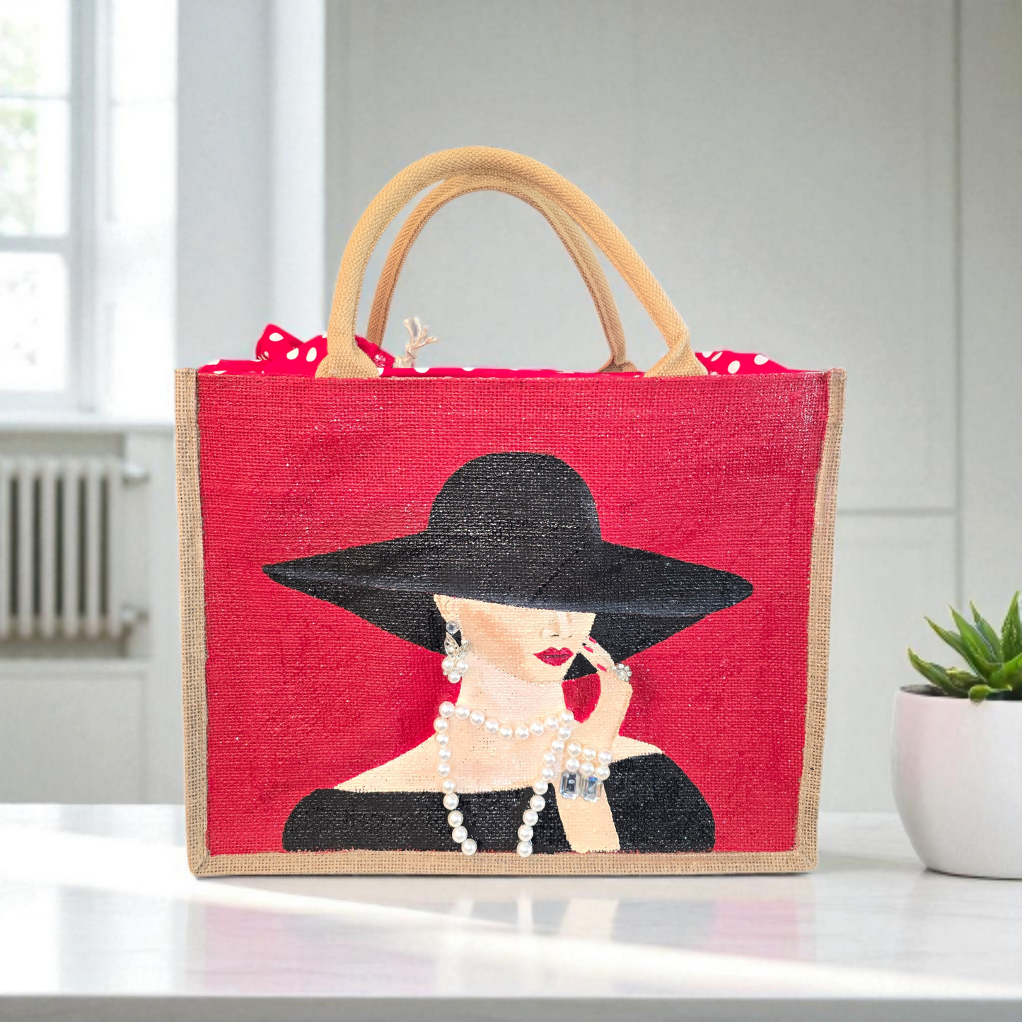 Elegant Lady in Black Hat Hand-Painted Jute Tote – Pearl Embellished Red Background – Chic Fashionista Bag
