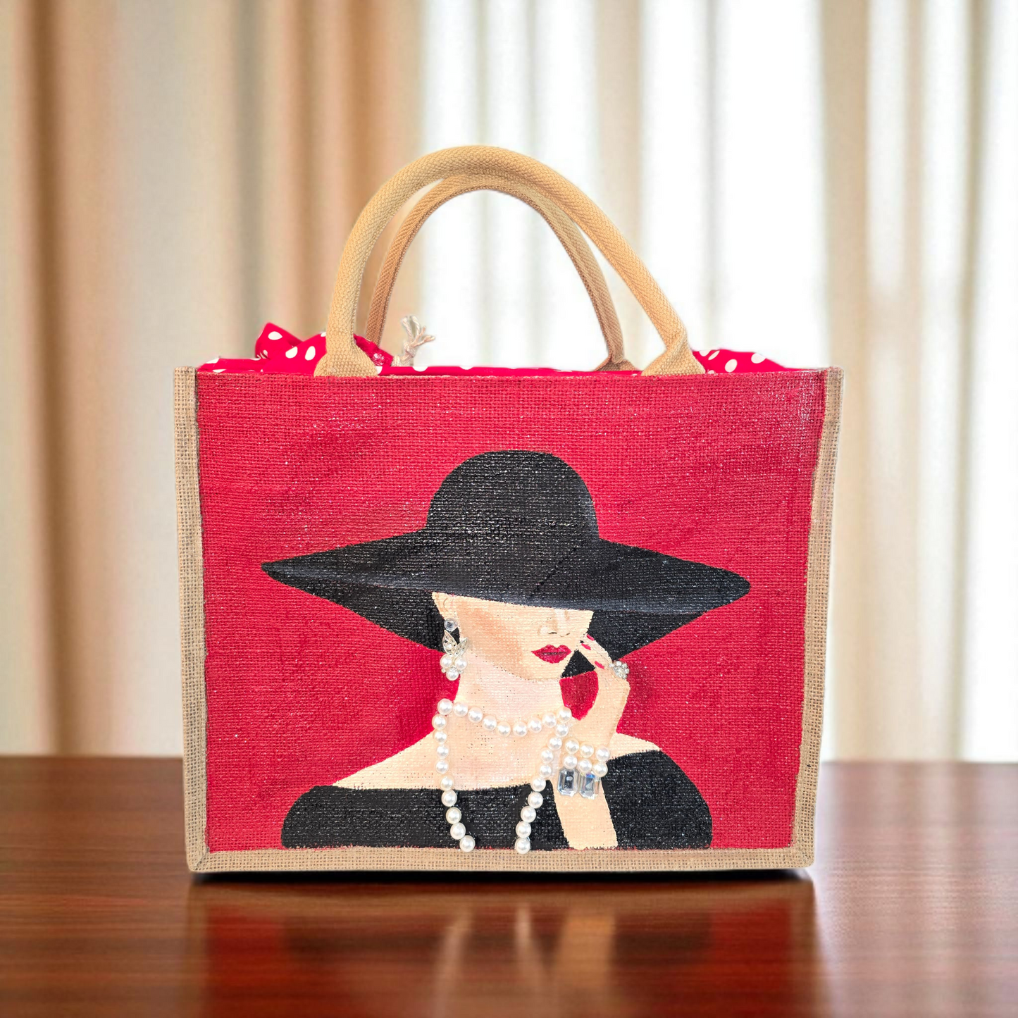 Elegant Lady in Black Hat Hand-Painted Jute Tote – Pearl Embellished Red Background – Chic Fashionista Bag