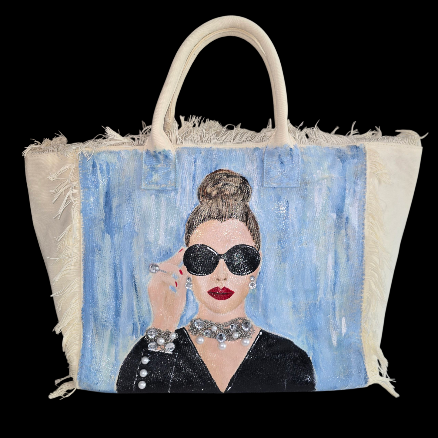 hollywood glam tote bag, white fringed canvas tote, beaded glam tote, hand painted vintage style bag