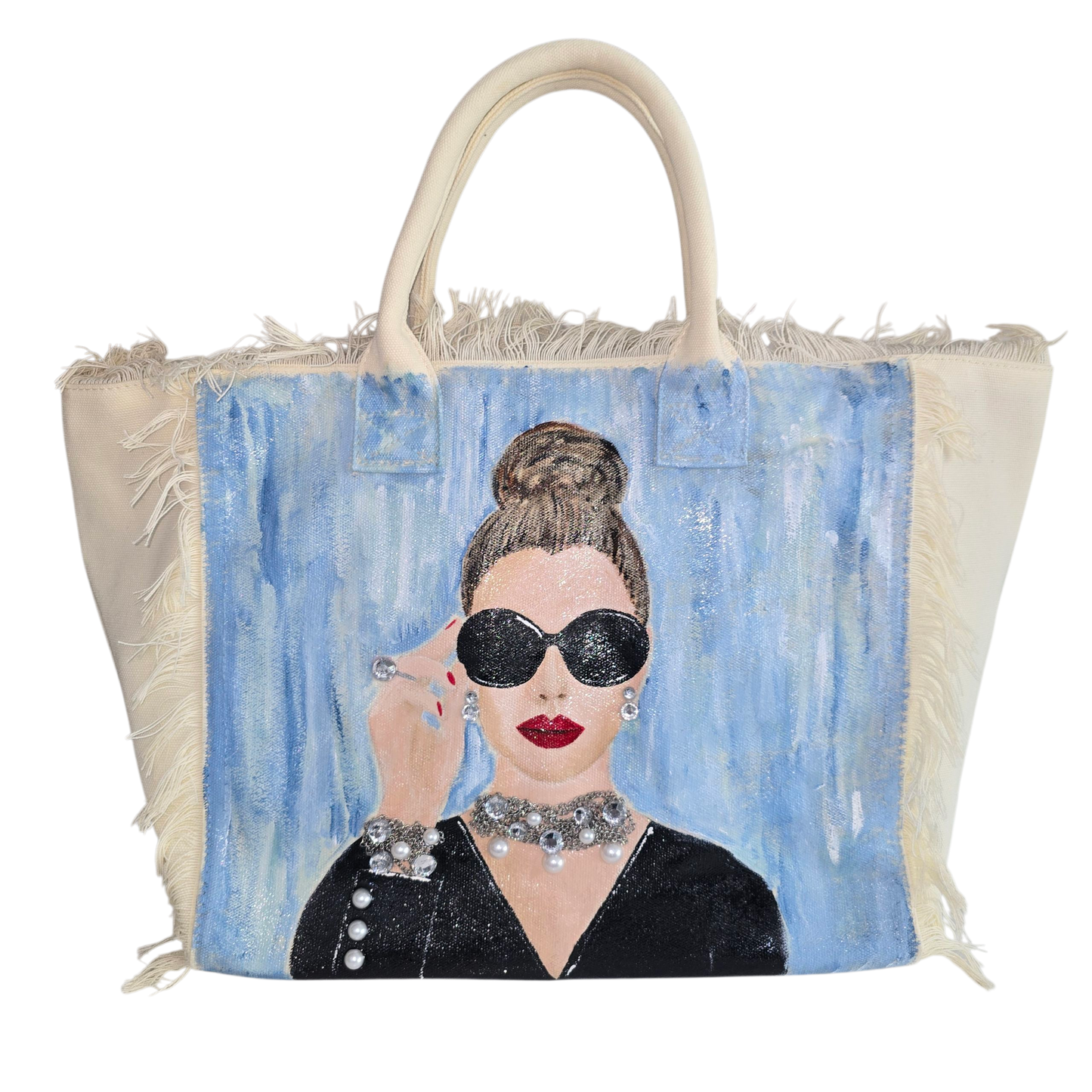 hollywood glam tote bag, white fringed canvas tote, beaded glam tote, hand painted vintage style bag