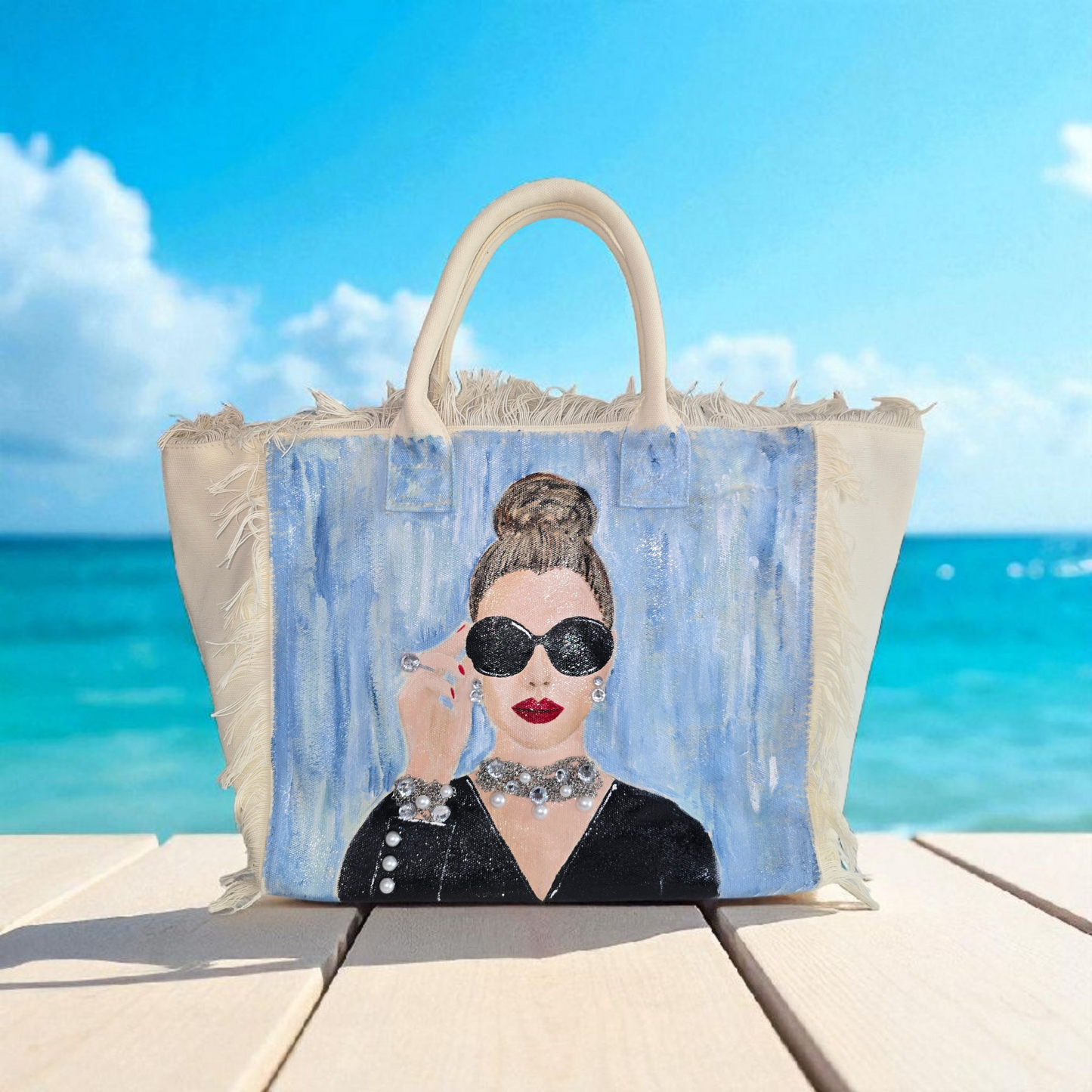 hollywood glam tote bag, white fringed canvas tote, beaded glam tote, hand painted vintage style bag