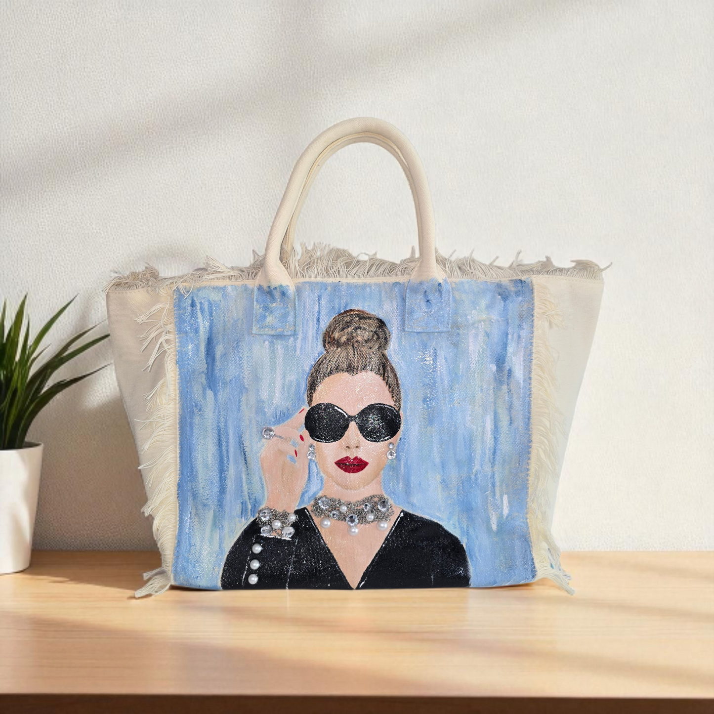 hollywood glam tote bag, white fringed canvas tote, beaded glam tote, hand painted vintage style bag