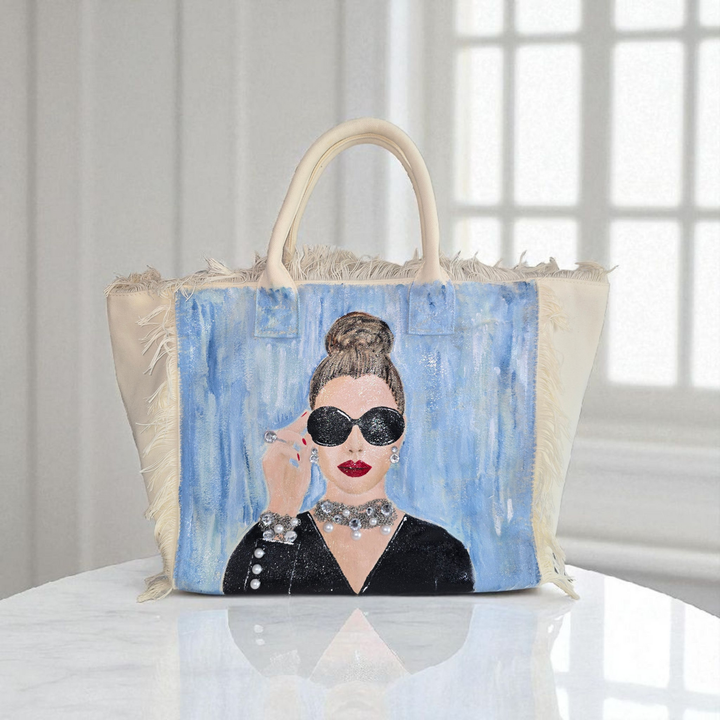 hollywood glam tote bag, white fringed canvas tote, beaded glam tote, hand painted vintage style bag