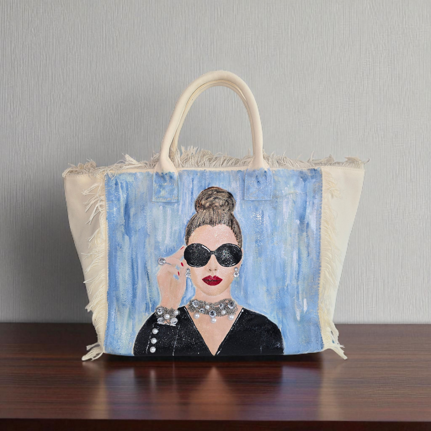 hollywood glam tote bag, white fringed canvas tote, beaded glam tote, hand painted vintage style bag