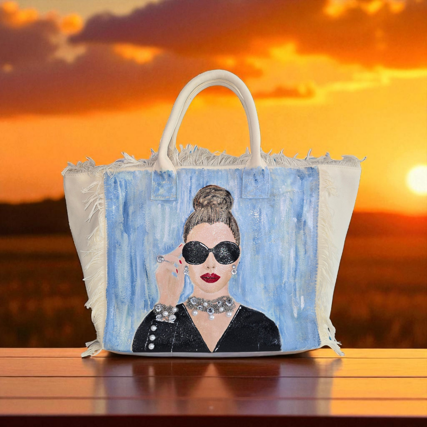 hollywood glam tote bag, white fringed canvas tote, beaded glam tote, hand painted vintage style bag
