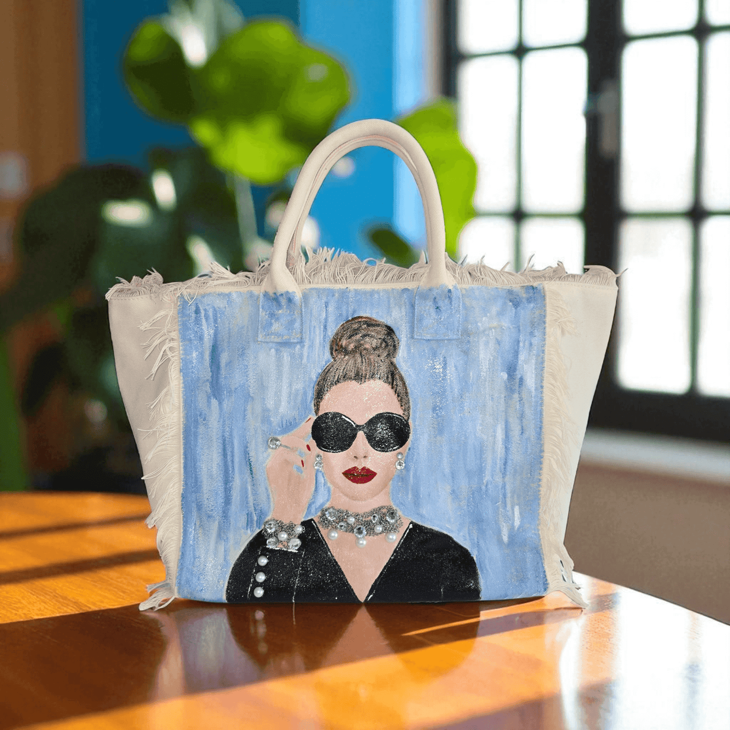 hollywood glam tote bag, white fringed canvas tote, beaded glam tote, hand painted vintage style bag