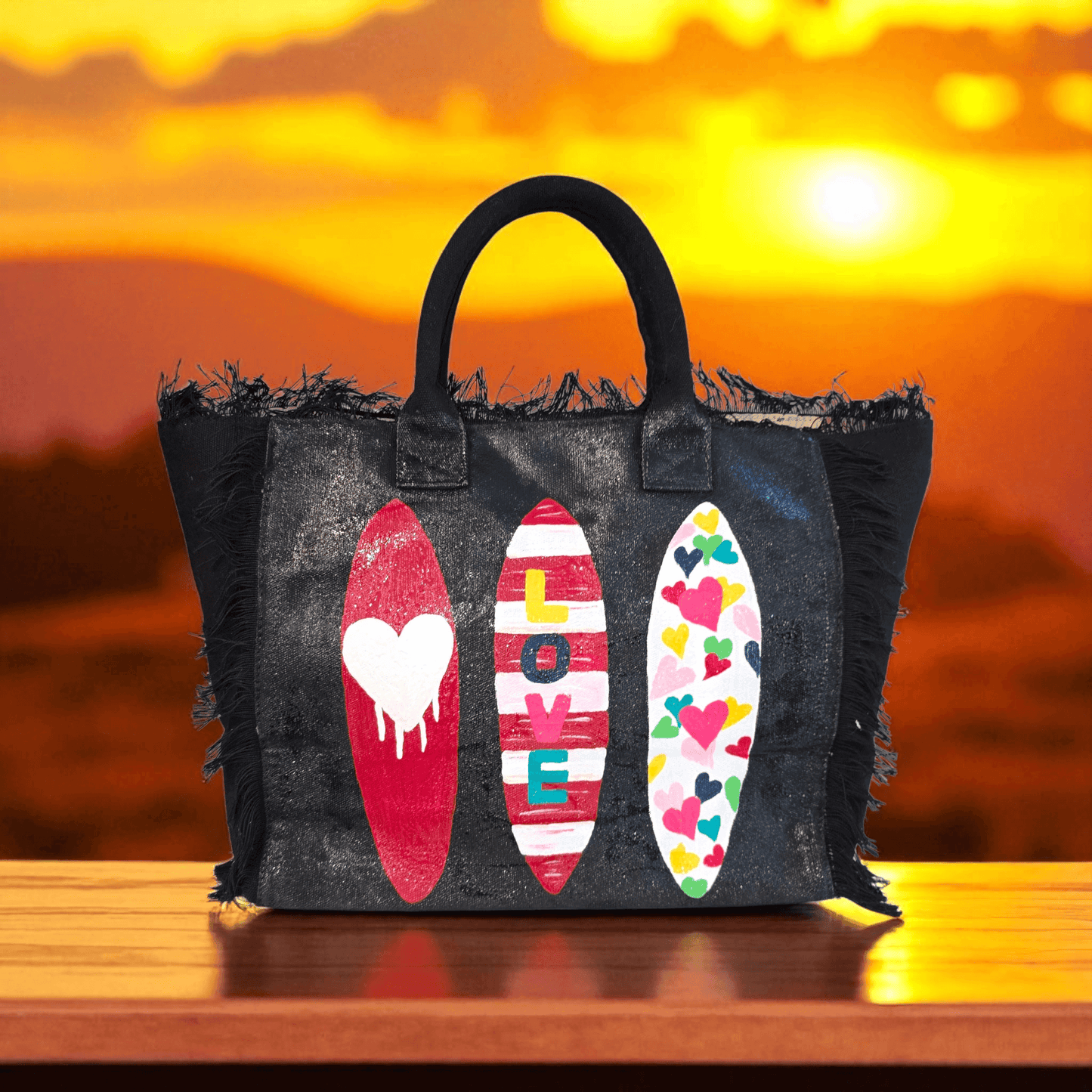 surfboard tote bag, fringed canvas beach tote, black surf tote, hand painted surfboard bag