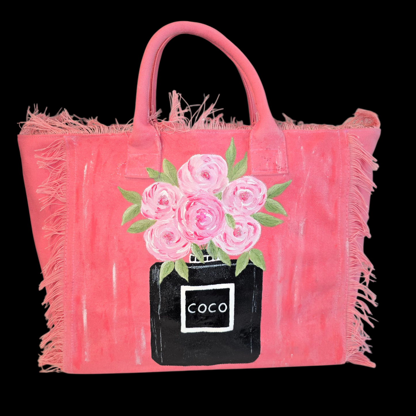 coco blooms tote, pink floral tote bag, fringed canvas tote, hand painted flower bag