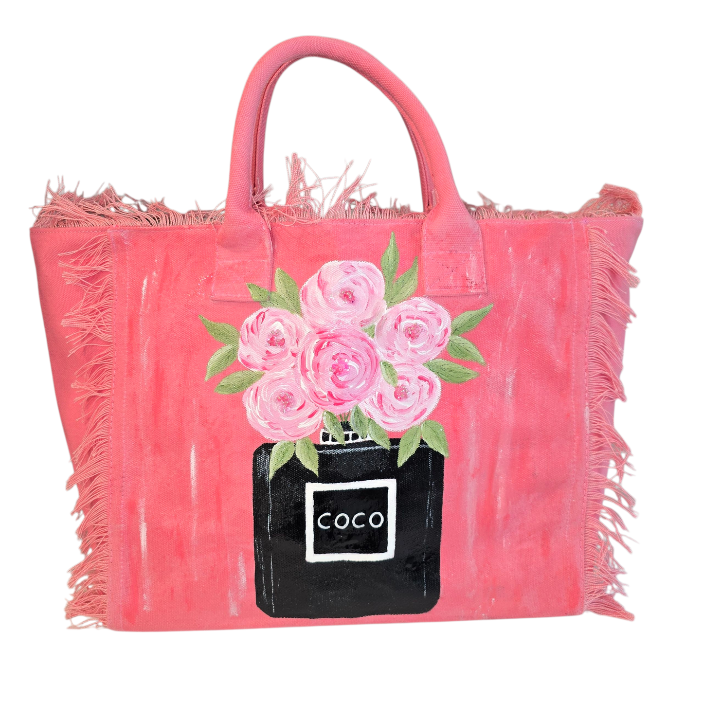coco blooms tote, pink floral tote bag, fringed canvas tote, hand painted flower bag