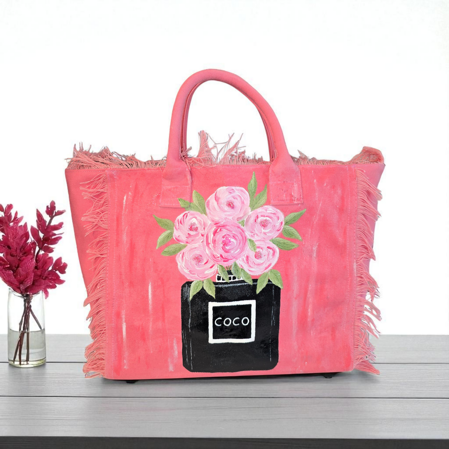 coco blooms tote, pink floral tote bag, fringed canvas tote, hand painted flower bag