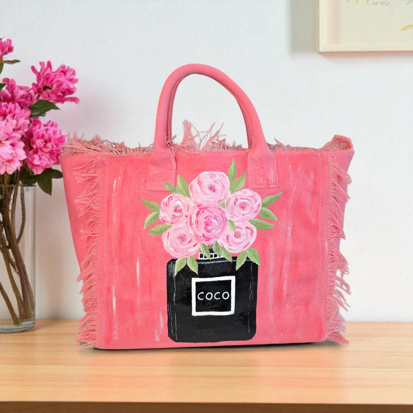 coco blooms tote, pink floral tote bag, fringed canvas tote, hand painted flower bag