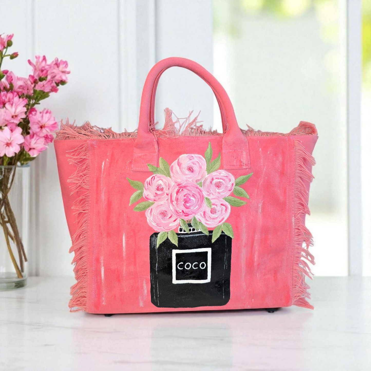 coco blooms tote, pink floral tote bag, fringed canvas tote, hand painted flower bag