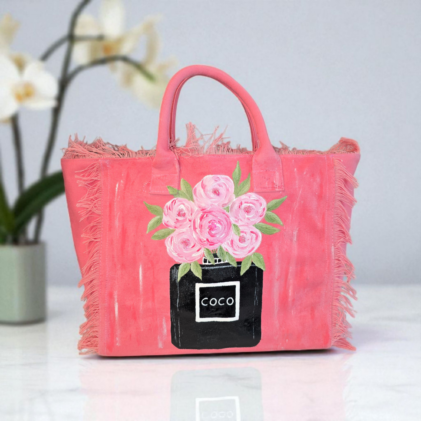 coco blooms tote, pink floral tote bag, fringed canvas tote, hand painted flower bag
