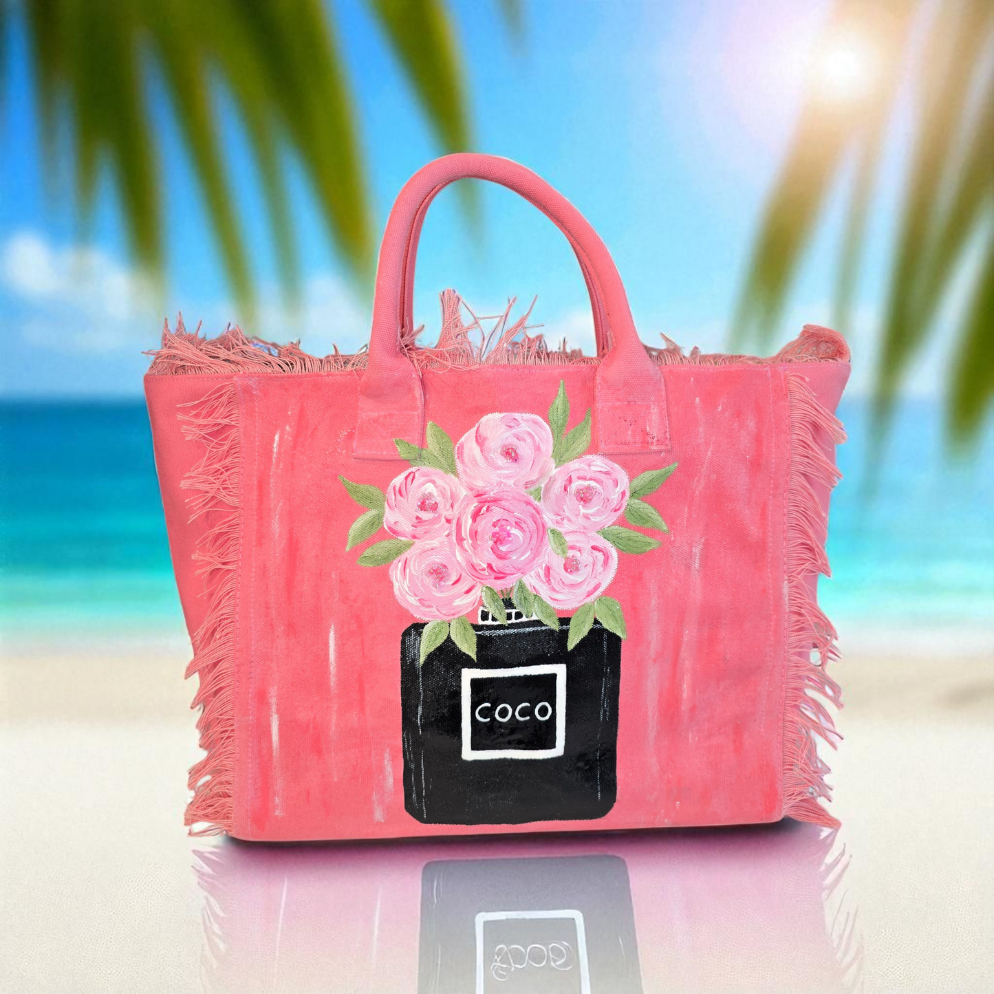 coco blooms tote, pink floral tote bag, fringed canvas tote, hand painted flower bag