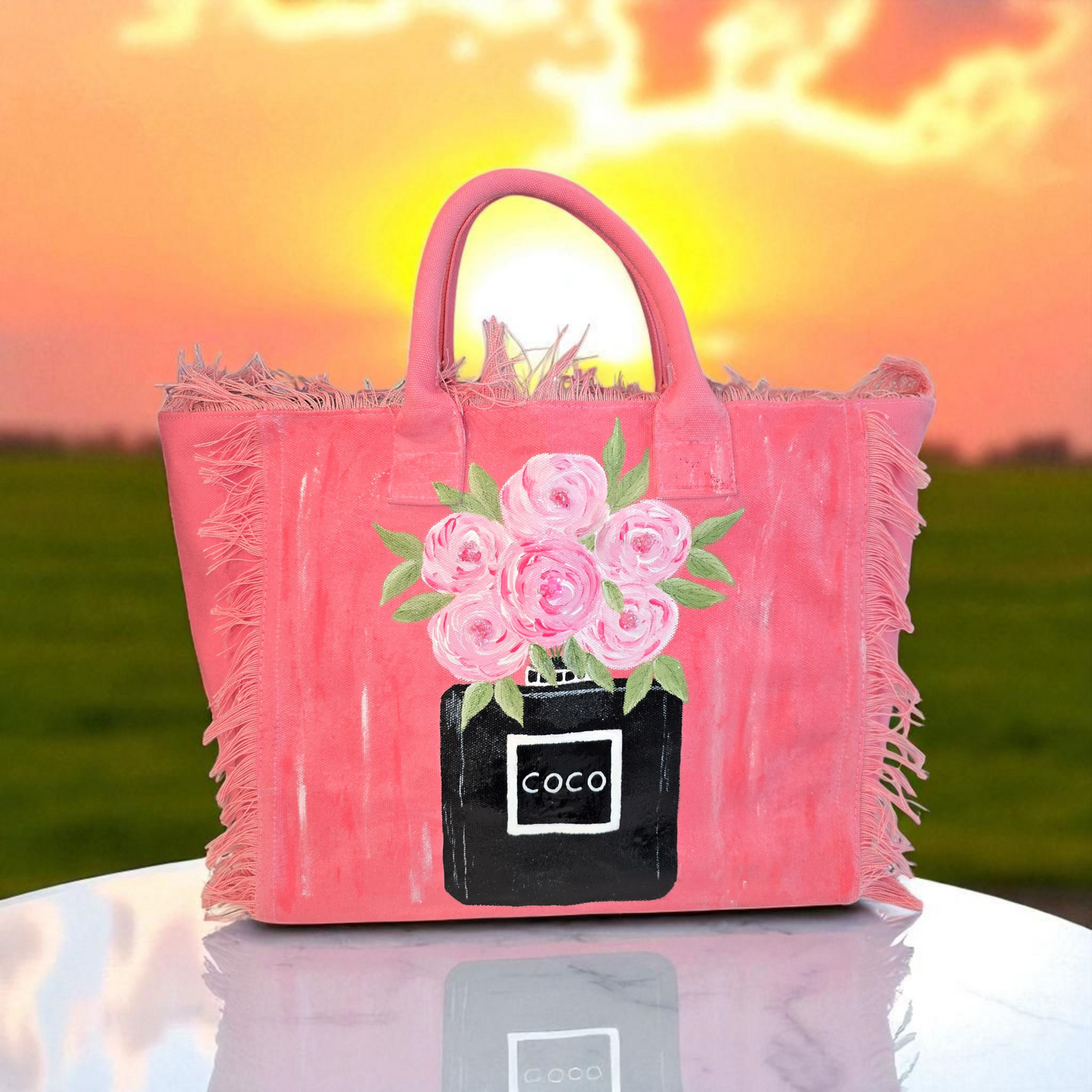 coco blooms tote, pink floral tote bag, fringed canvas tote, hand painted flower bag