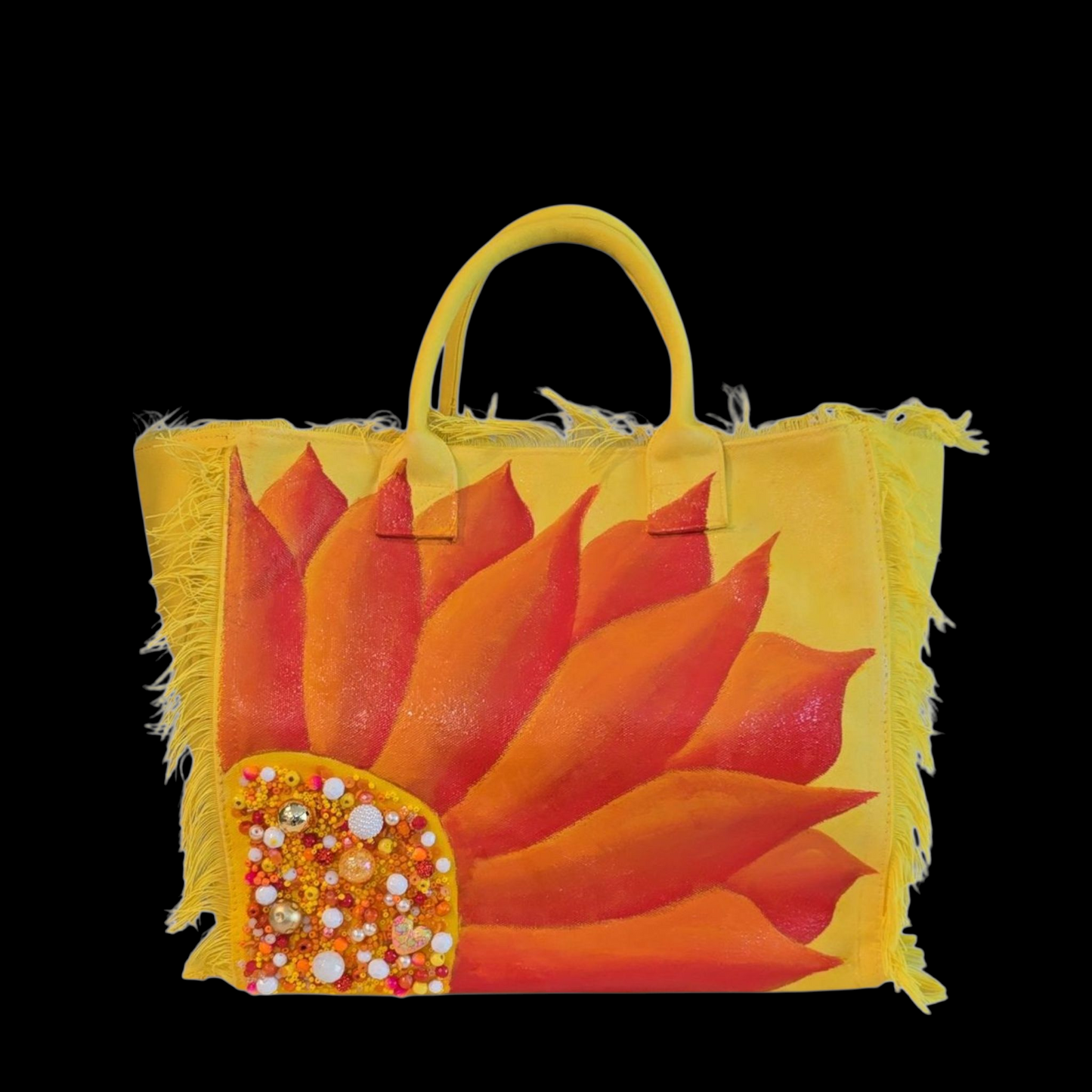 Sunny Blooms Hand Painted and Embellished Fringed Tote Bag