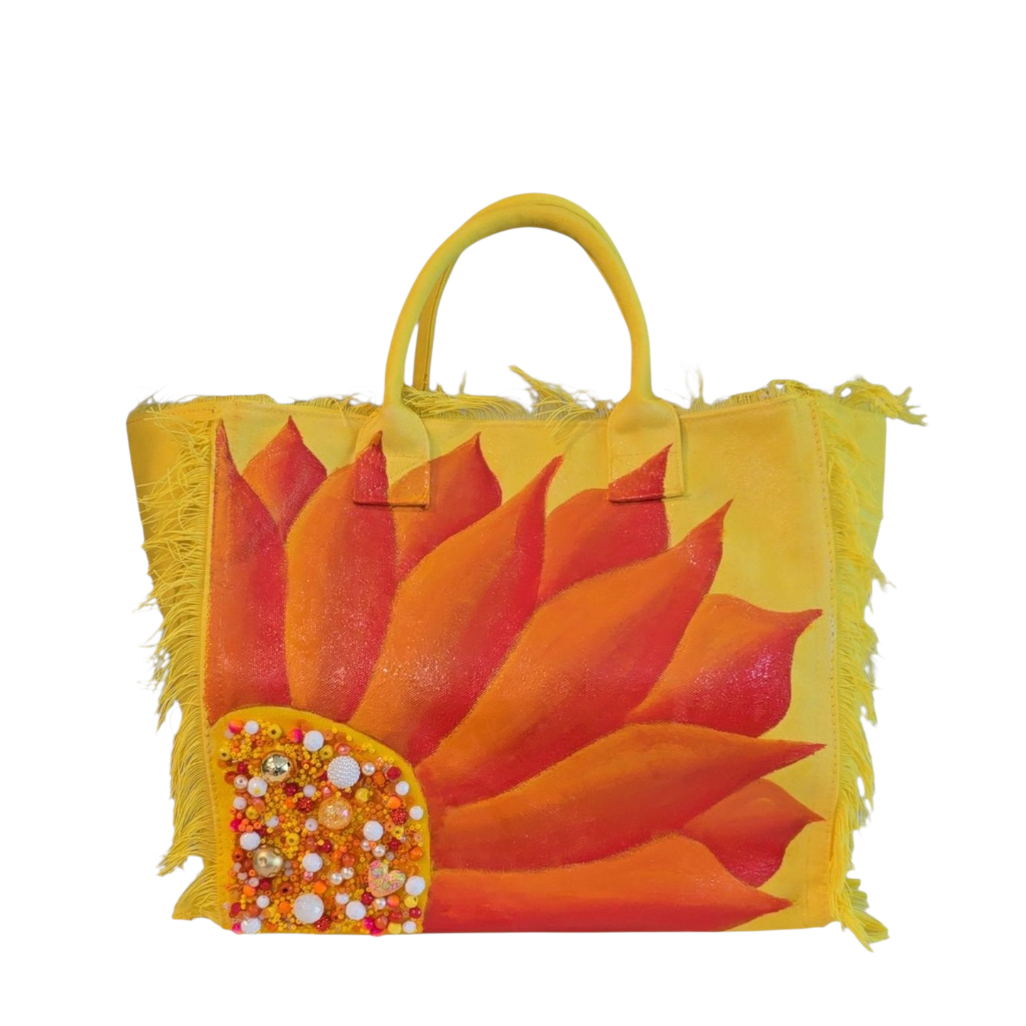 Sunny Blooms Hand Painted and Embellished Fringed Tote Bag