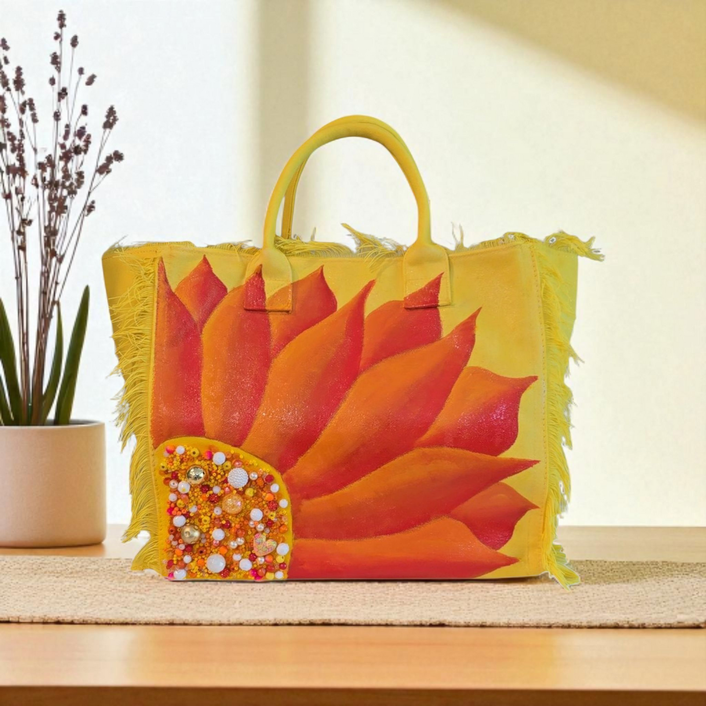 Sunny Blooms Hand Painted and Embellished Fringed Tote Bag