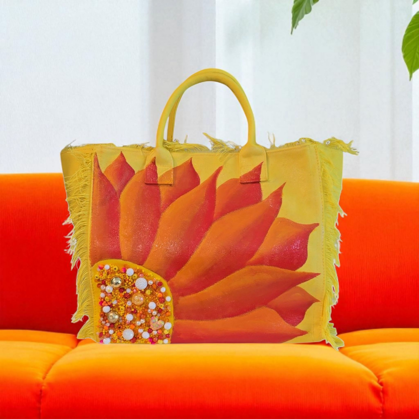 Sunny Blooms Hand Painted and Embellished Fringed Tote Bag