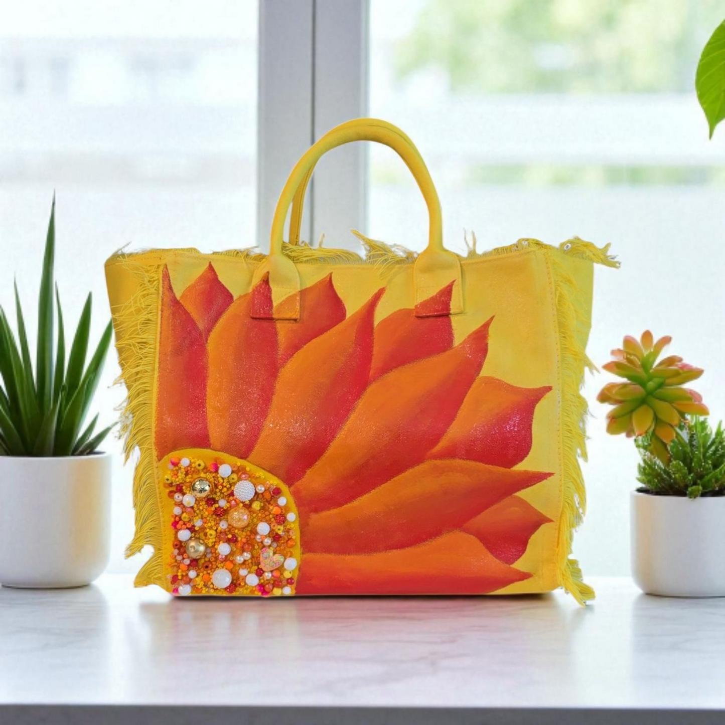 Sunny Blooms Hand Painted and Embellished Fringed Tote Bag