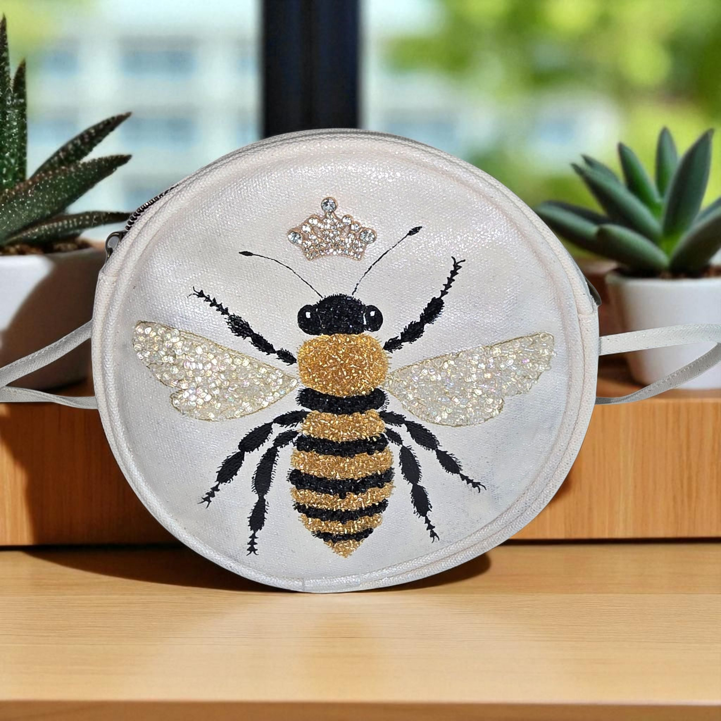 Queen Bee Hand Painted & Embellished Canvas Crossbody Purse
