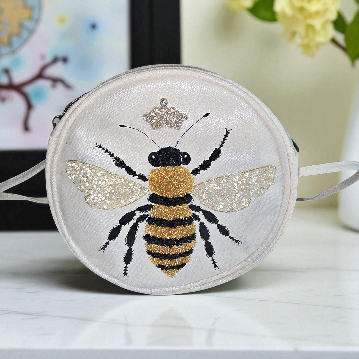 Queen Bee Hand Painted & Embellished Canvas Crossbody Purse