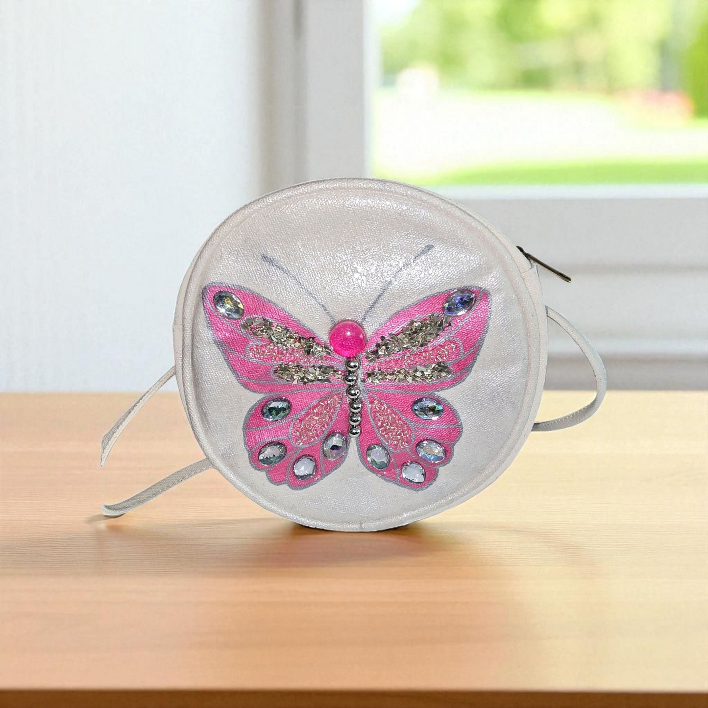 butterfly crossbody bag, pink butterfly purse, white crossbody bag, hand painted canvas crossbody
