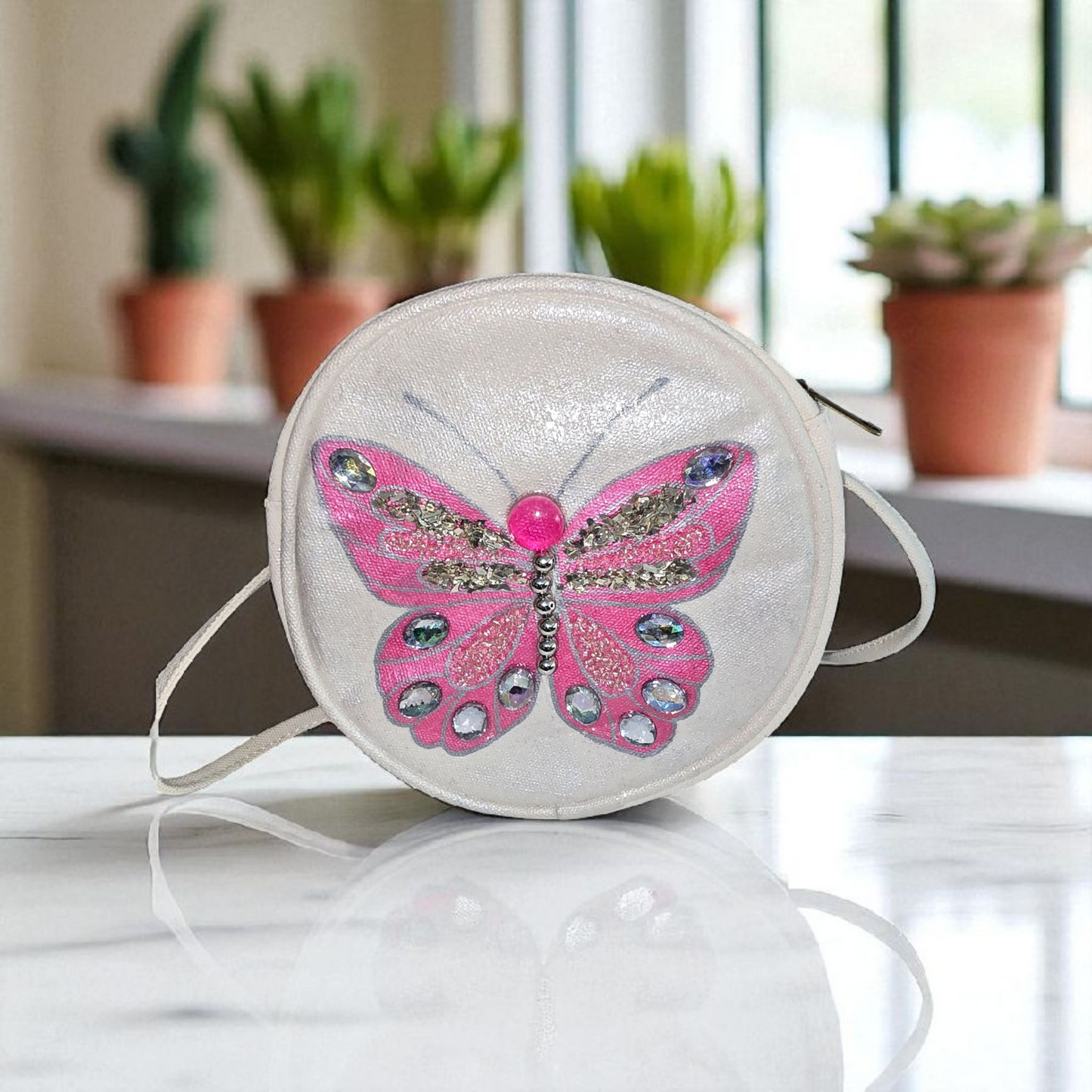butterfly crossbody bag, pink butterfly purse, white crossbody bag, hand painted canvas crossbody