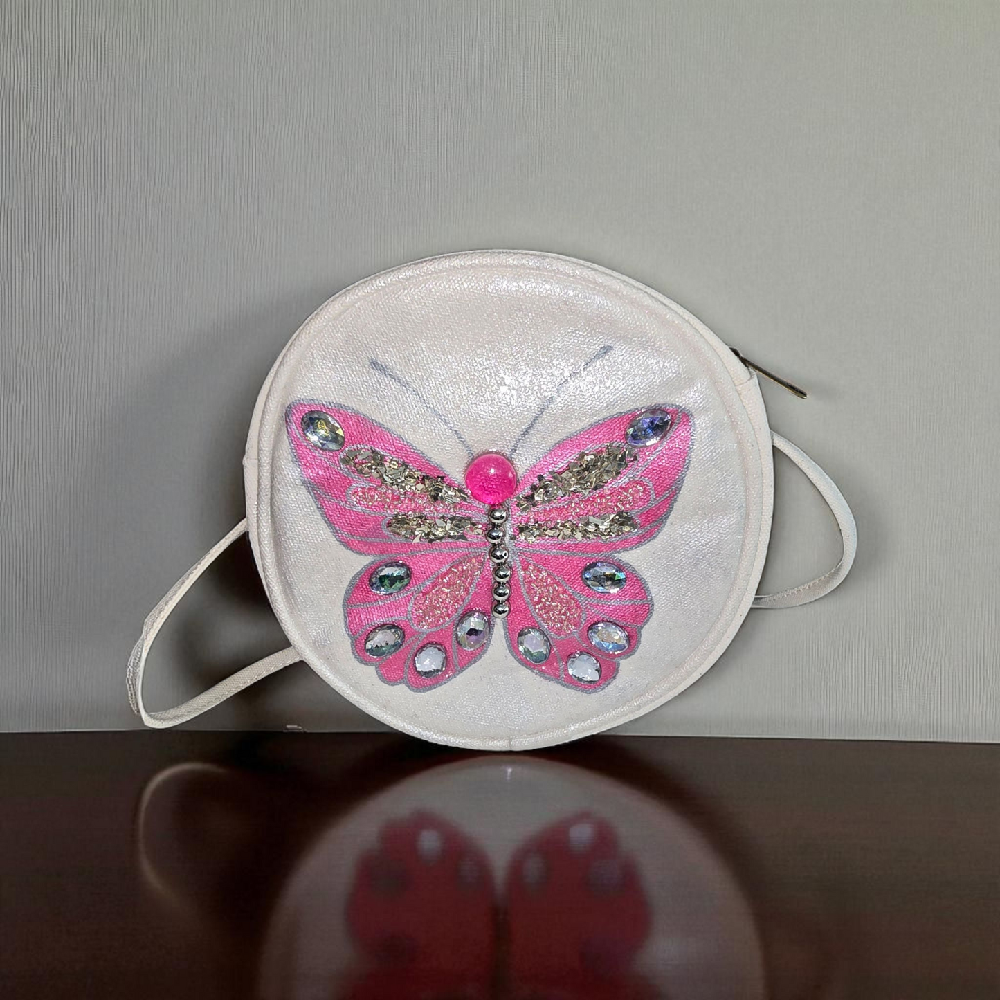 butterfly crossbody bag, pink butterfly purse, white crossbody bag, hand painted canvas crossbody