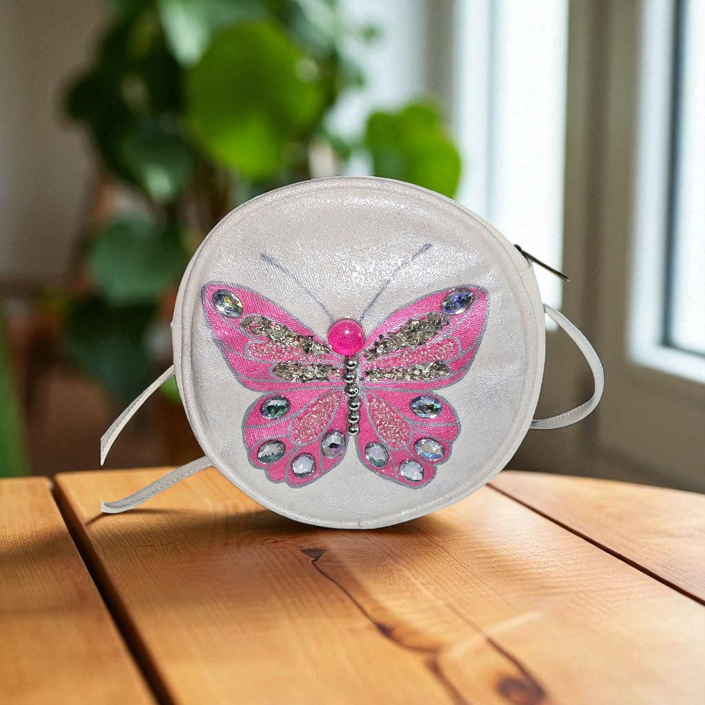 butterfly crossbody bag, pink butterfly purse, white crossbody bag, hand painted canvas crossbody