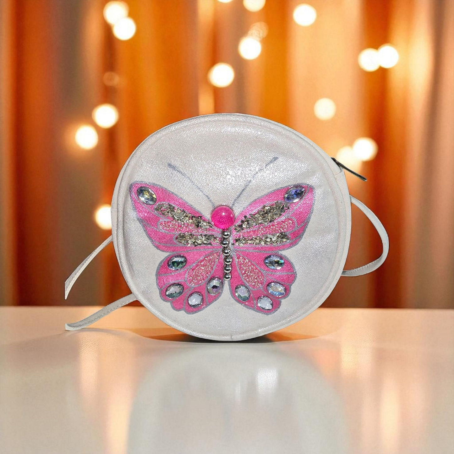 butterfly crossbody bag, pink butterfly purse, white crossbody bag, hand painted canvas crossbody