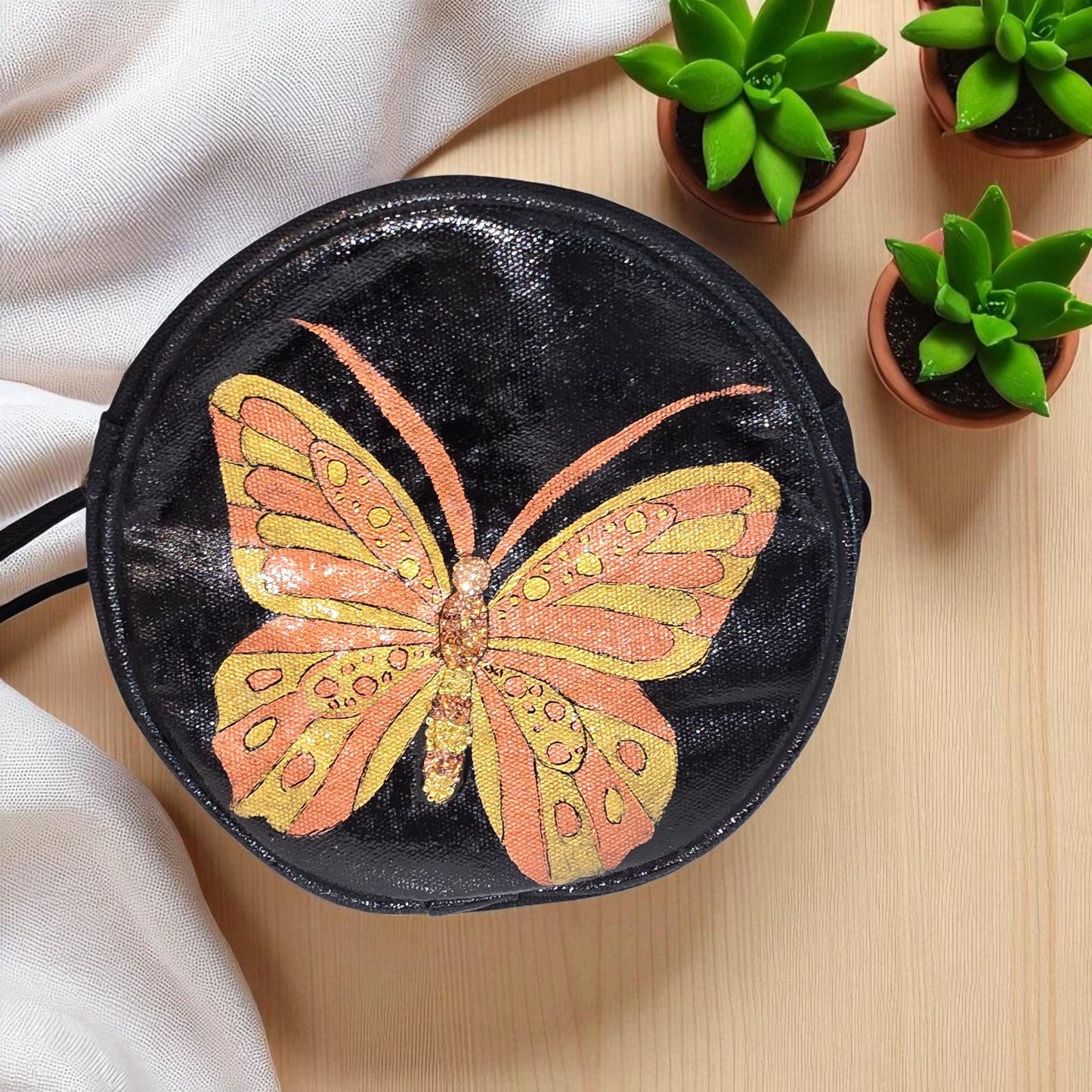 Amber Monarch Hand Painted & Embellished Canvas Crossbody Purse