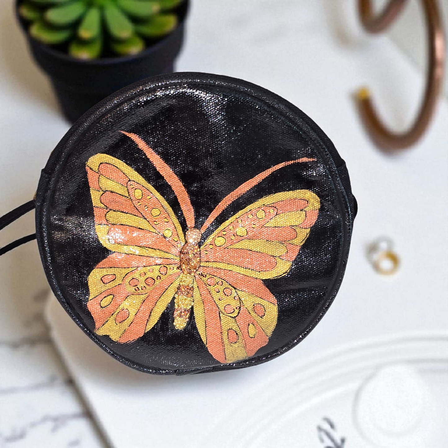 Amber Monarch Hand Painted & Embellished Canvas Crossbody Purse