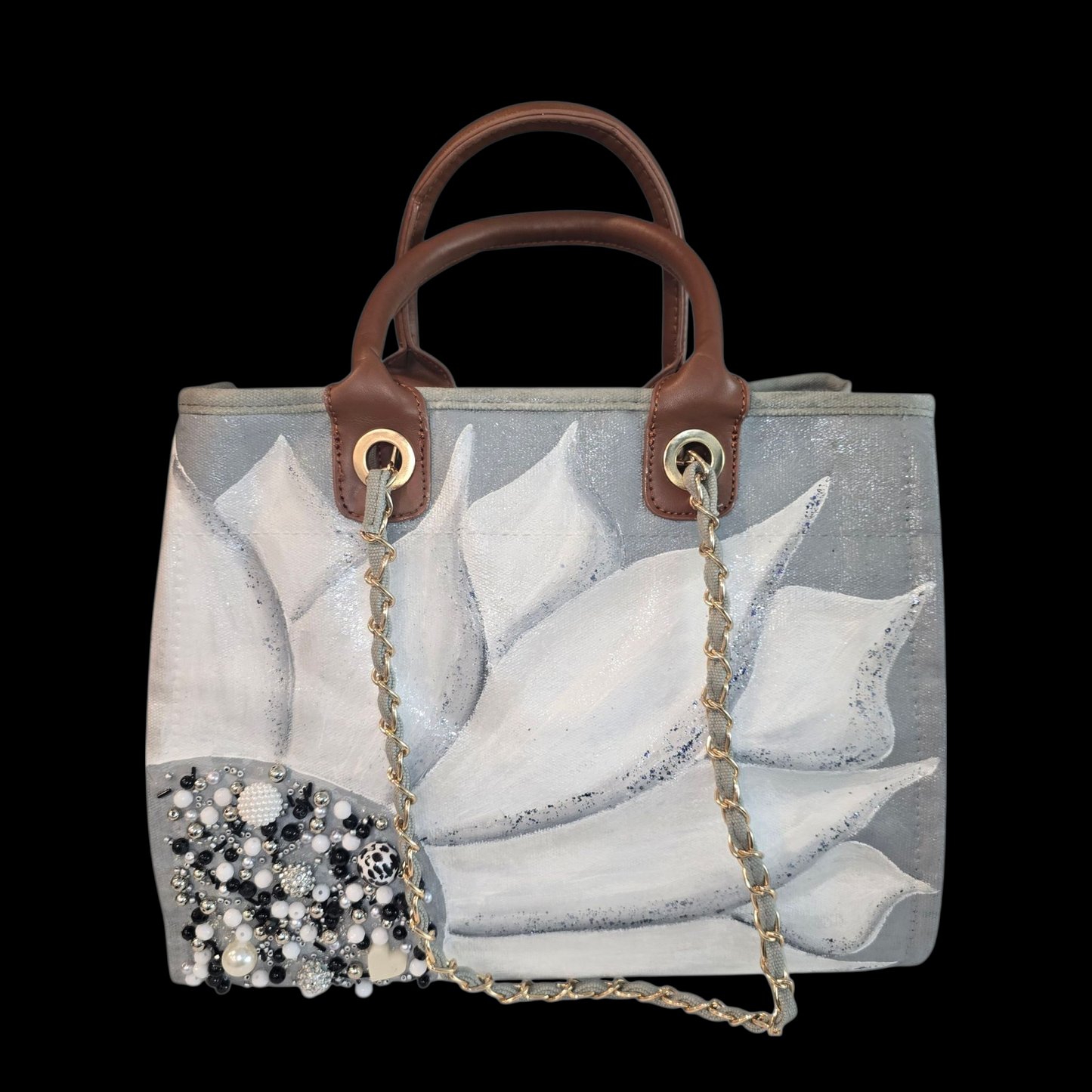 floral canvas purse, gray canvas handbag, silver flower purse, hand painted canvas purse