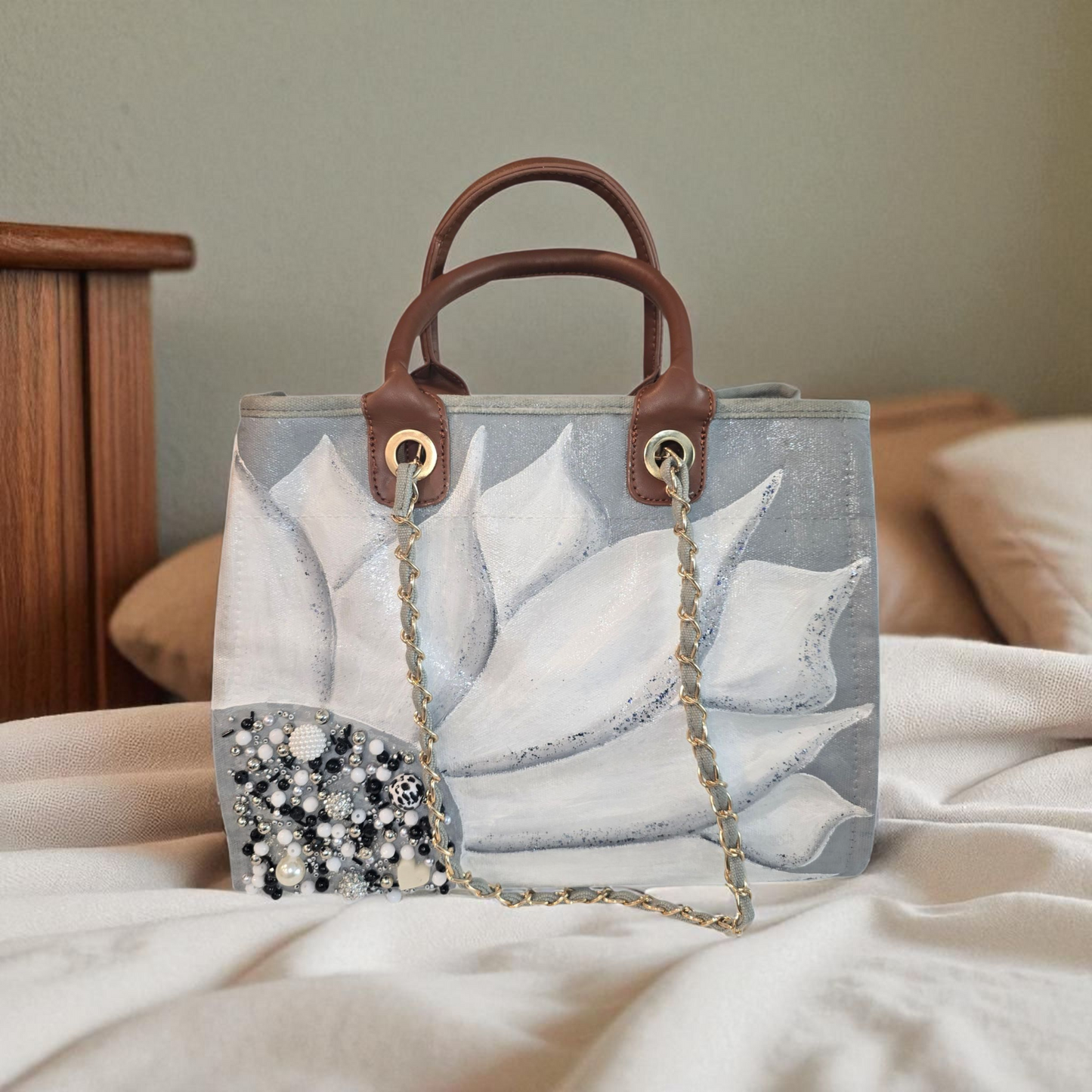 floral canvas purse, gray canvas handbag, silver flower purse, hand painted canvas purse
