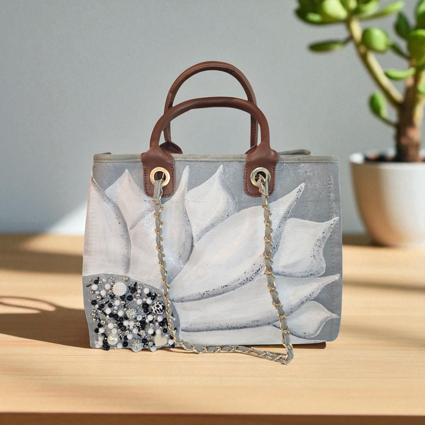 floral canvas purse, gray canvas handbag, silver flower purse, hand painted canvas purse
